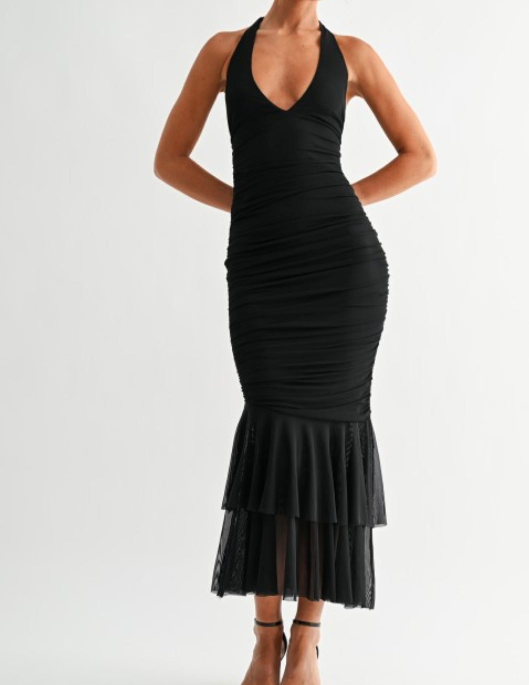 Mesh Halter Midi Dress