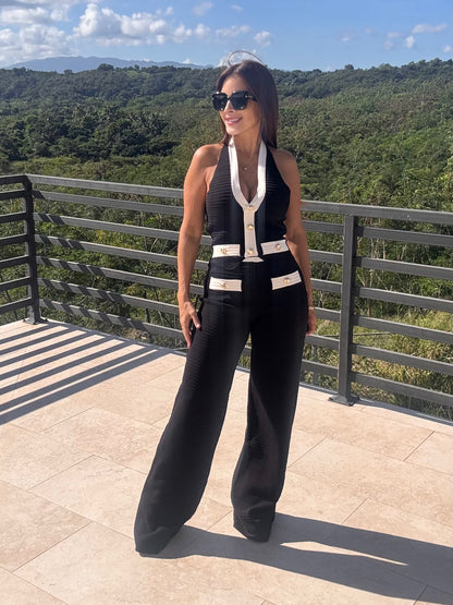 Rib Knit Set Pant Black & White