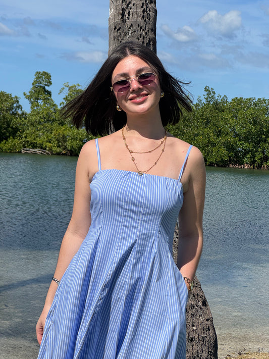 Blue Midi Dress con Líneas Blancas