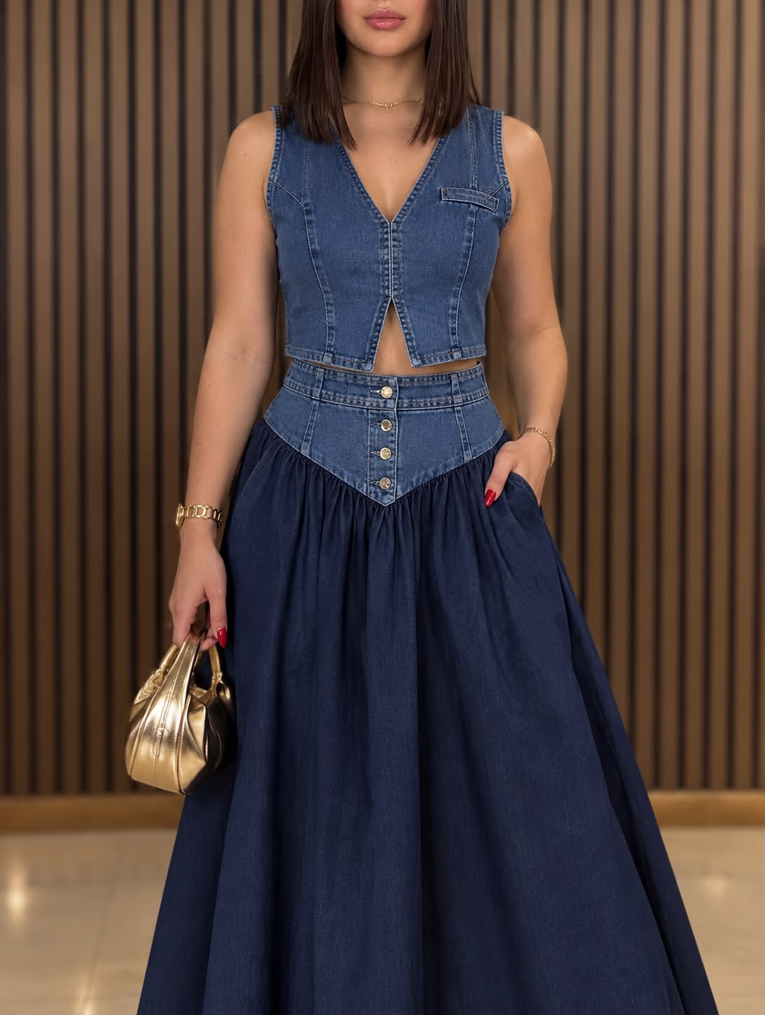 Navy Denim Corset Skirt Set
