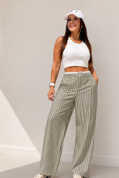 Sage Stripe Wide-Leg Pants