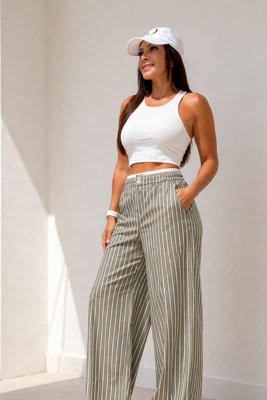 Sage Stripe Wide-Leg Pants